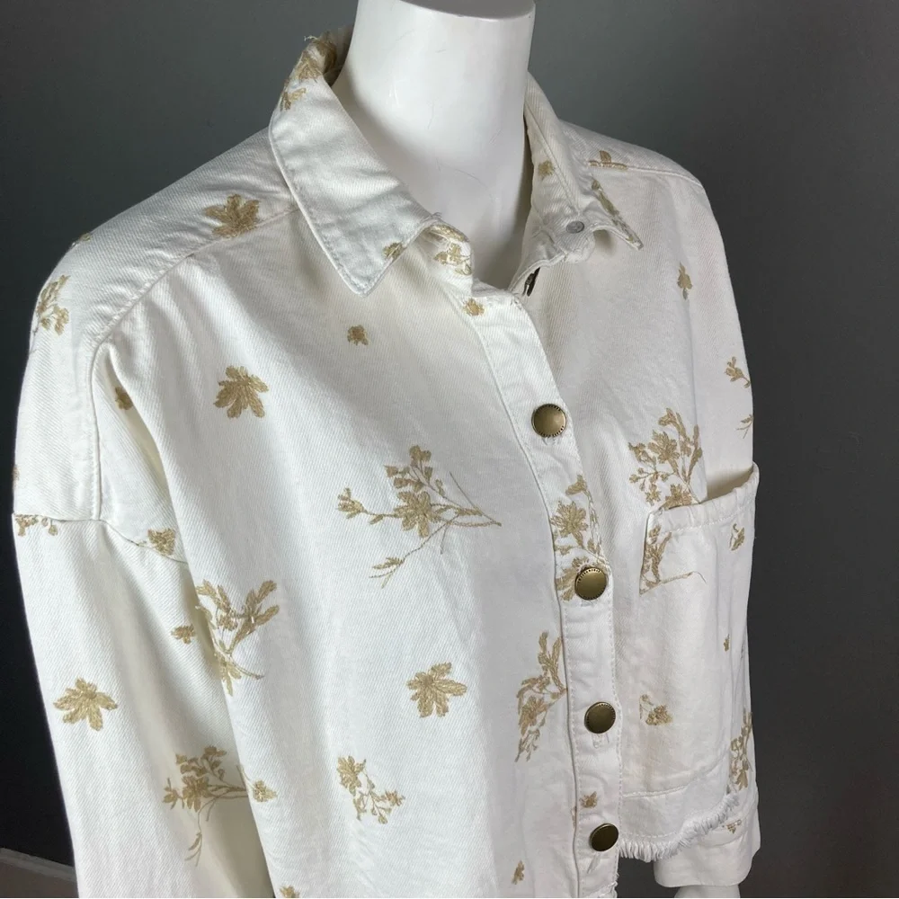 NEW Zara denim‎ jacket jean shirt white metallic floral embroidery extra small